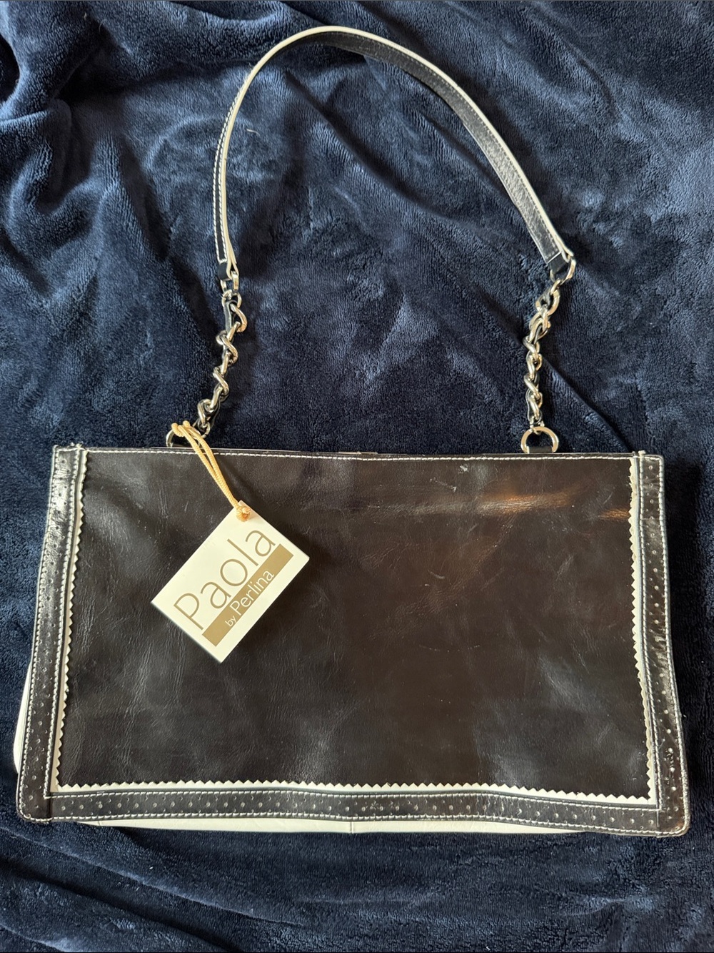 Black and white Patent Chain-Handle Wristlet Clutch